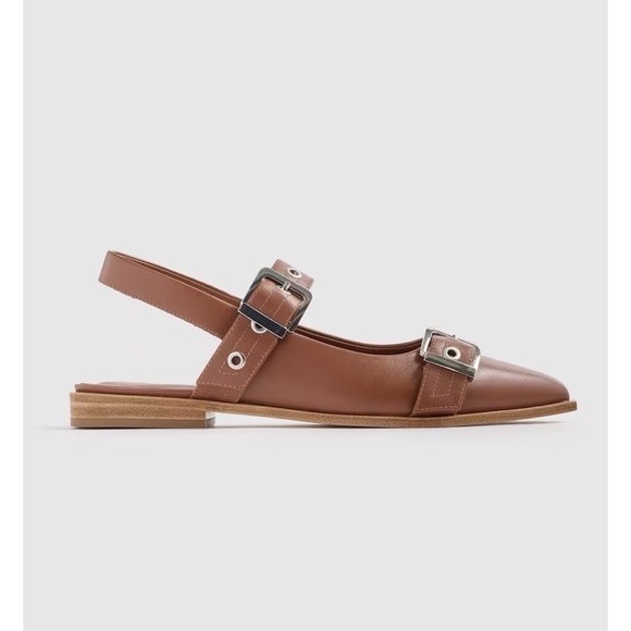 Quince Shoes - Quince Shoes Women 8 Italian Leather Bold Buckle Slingback Flat Cognac Luxury